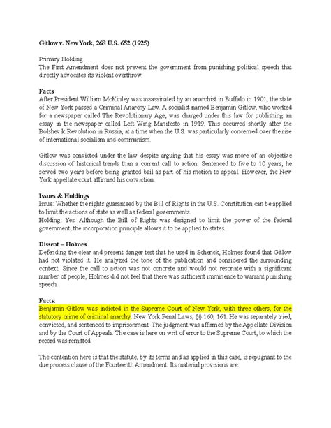 Gitlow v. New York - constitution - Gitlow v. New York, 268 U. 652 (1925) Primary Holding The ...