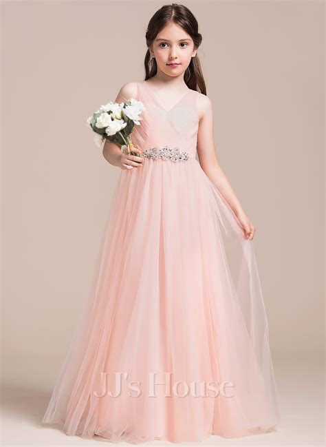 A-Line/Princess V-neck Floor-Length Tulle Junior Bridesmaid Dress With ...