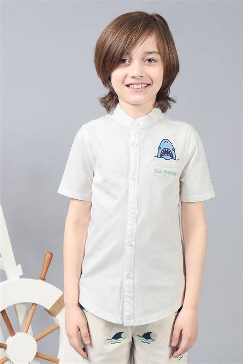 One Friday Kids Boys White Embroidered Chinese Collar Knit Short Sleev
