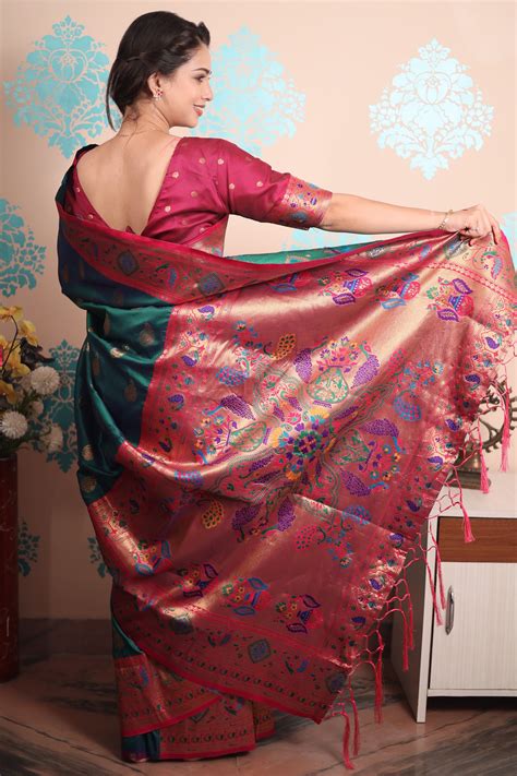 Peacock Blue Paithani Silk Saree with Meenakari Zari Woven Border and ...