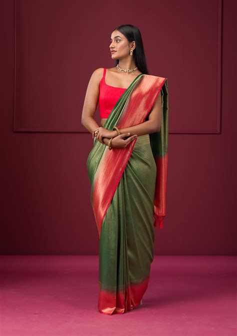 Buy Bottle Green Zariwork Soft Silk Saree - Koskii