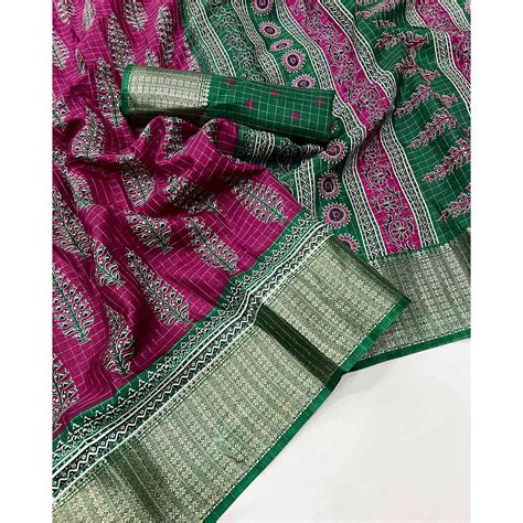 Dark Magenta Zari Woven With Printed Dola Silk Saree
