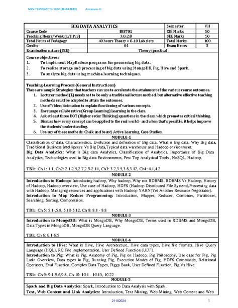 BIS701: Big Data Analytics Course Syllabus and Practical Guide - Studocu