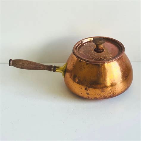 Tagus Copper Pot With Lid Vintage Fondue Pot With Brass and Wood Handle ...