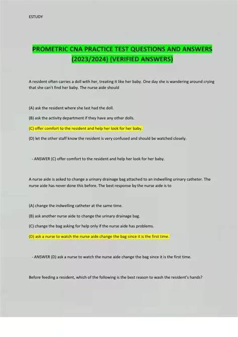 PROMETRIC CNA PRACTICE TEST QUESTIONS AND ANSWERS (2023/2024) (VERIFIED ...