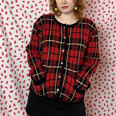 Women's Red and Black Cardigan | Depop