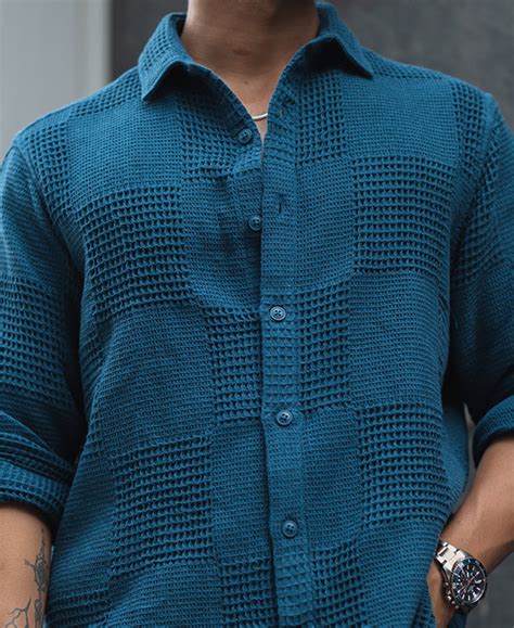 Teal Blue Waffle Shirt | Casual Cool Meets Artistic Flair – Powerlook