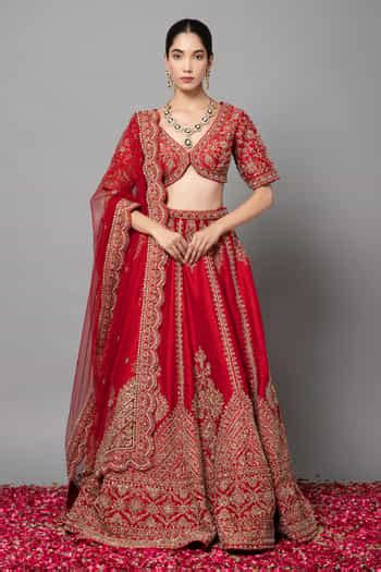 Buy Red Silk, Net Embroidery, Tassels V-neck Zardozi Hand Bridal ...