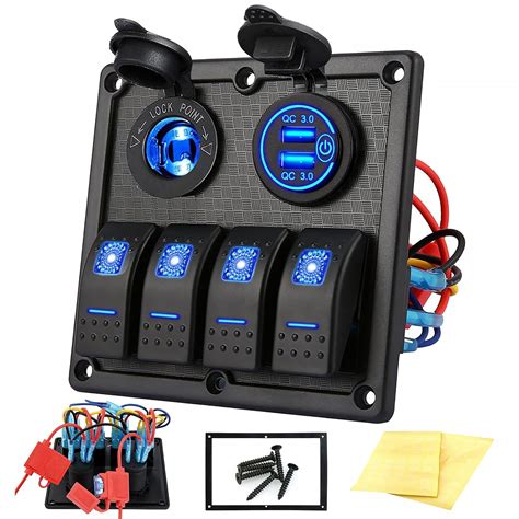 Kohree 4 Gang Marine Boat Rocker Switch Panel, 12V Waterproof LED ...