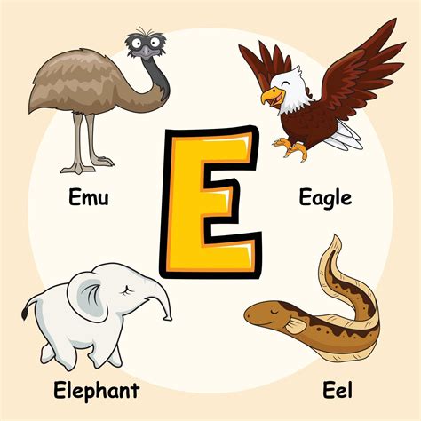 Animals Alphabet Letter E for Eagle Emu Elephant Eel 3281050 Vector Art ...