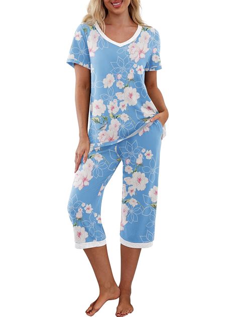TheFound Women Pajama Sets Short Sleeve V-Neck Sleepwear Top with Capri ...