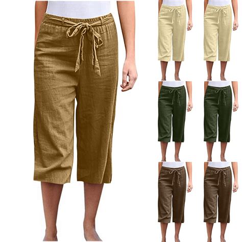 CFLVAEK Cotton Linen Capri Pants for Women Plus Size Elastic Tie Waist ...
