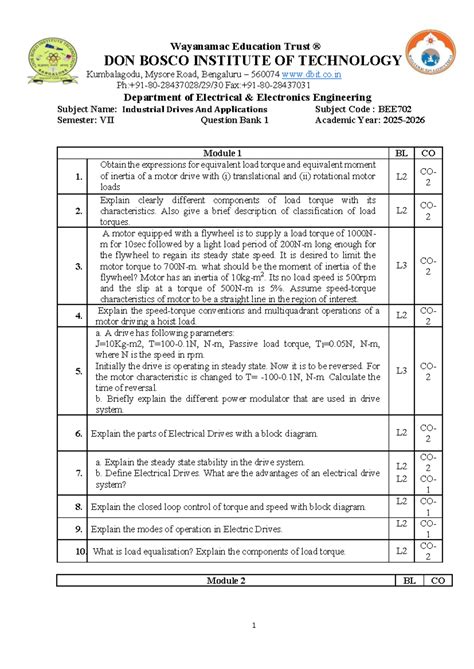 BEE702 Industrial Drives & Applications Question Bank - Module 1 - Studocu