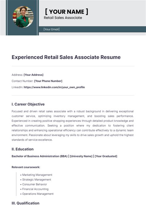 Free Experienced Retail Sales Associate Resume Template to Edit Online