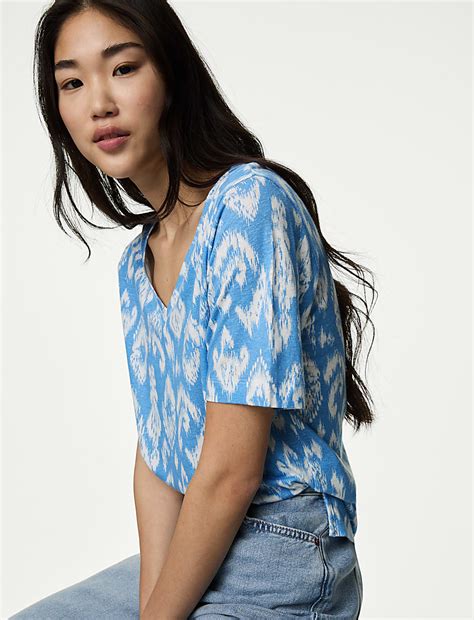 Buy Linen Blend Printed V-Neck Top at Marks & Spencer