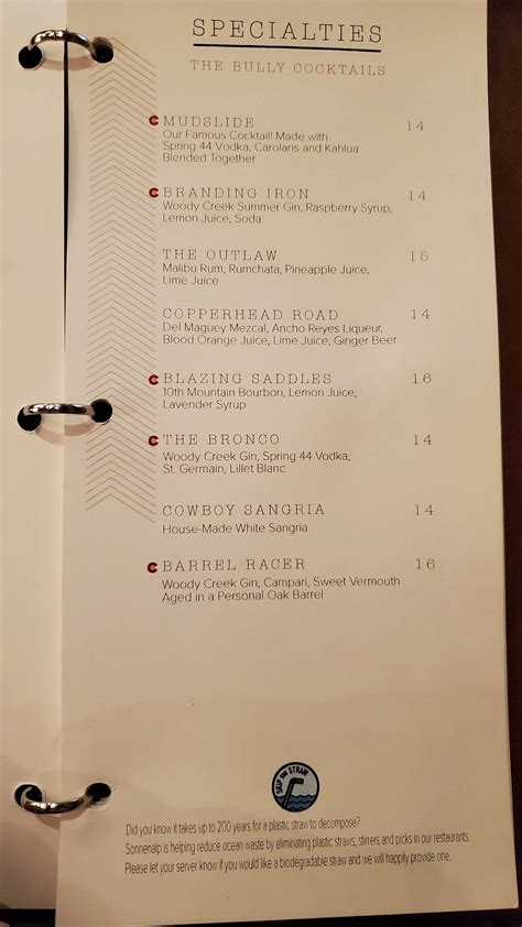 Menu at Bully Ranch Restaurant, Vail