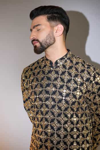 Buy Black Georgette Mirrors, Zari Embroidered Kurta For Men by Kasbah ...