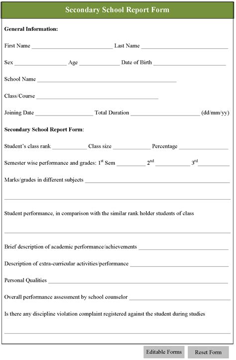 Secondary School Report Form - Editable Forms