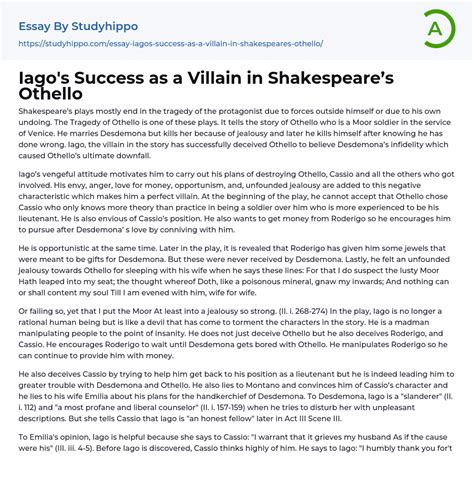 Iago’s Success as a Villain in Shakespeare’s Othello Essay Example ...