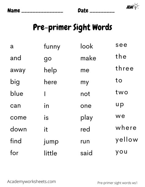 Pre K Sight Words