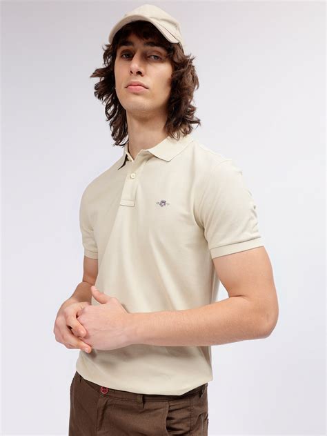 Shop Gant Men Beige Solid Polo Collar Short Sleeves T-shirt Online ...