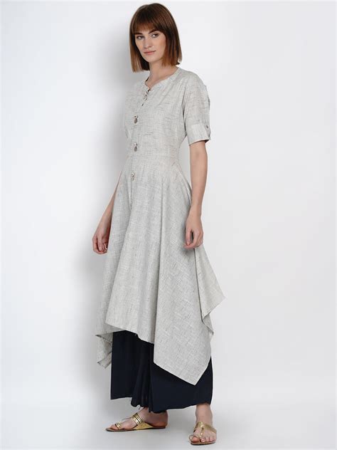 Grey A-line Cotton Kurta with Asymmetric Hem – Women Republic