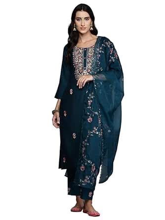 Buy INDO ERA Women's Embroidered Silk Blend Calf Length Straight Kurta ...