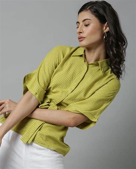 Rareism Women Dope Green Top Short Sleeves Checks