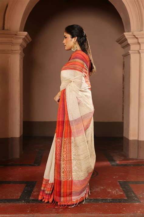 Handloom Off White Pure Cotton Saree wth Multi Colour Stripes