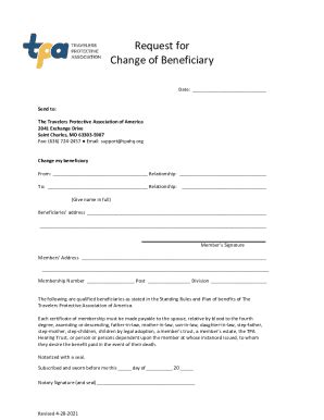 Fillable Online Request for Change of Beneficiary - TPAhq.org Fax Email ...