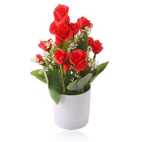 Artificial Red Rose Bouquet in White Ribbed Pot – Nainileaf