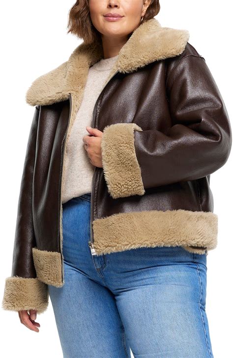 RIVER ISLAND Faux Leather & Faux Shearling Reversible Aviator Jacket ...