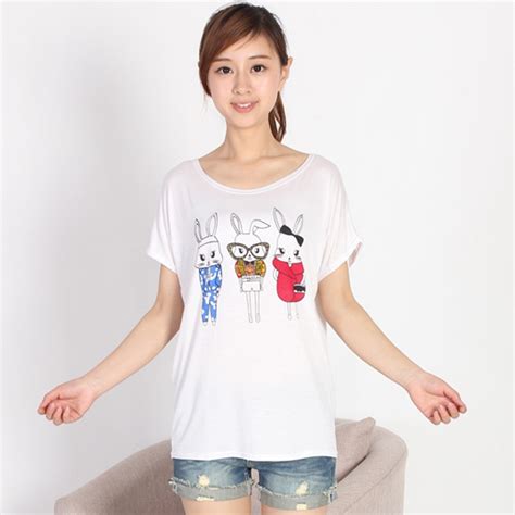 M18 - 女装 - 娇维安 夏季短袖女士T恤韩版体血衫 小兔子图案圆领蝙蝠袖女式t恤