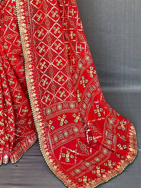 Buy Red Bandhani Print Georgette Festive Wear Saree With Blouse From ...