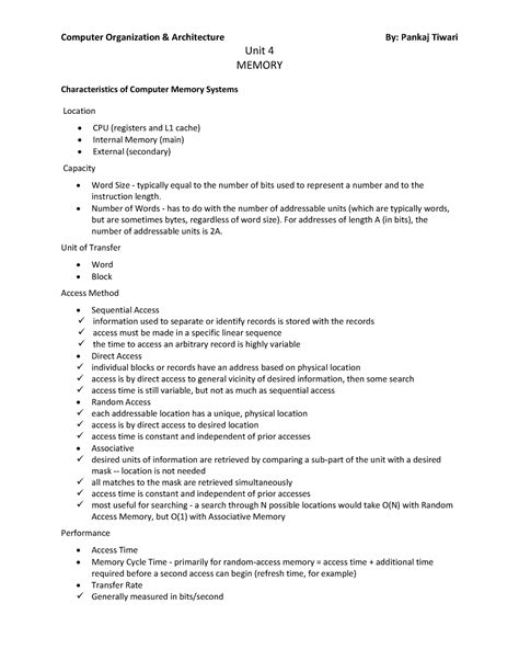 Unit 4 Memory - Unit 4 MEMORY Characteristics of Computer Memory ...