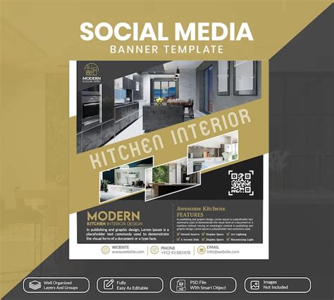 Modern kitchen interior design social media post banner | Premium PSD