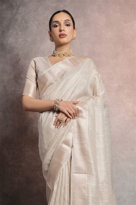 Buy Cream Tissue Saree With Blouse Piece online-Karagiri