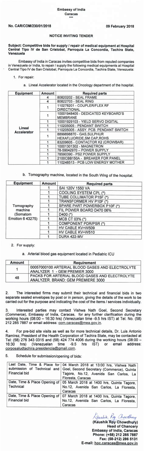 Embassy of India, Caracas, Venezuela : Tenders