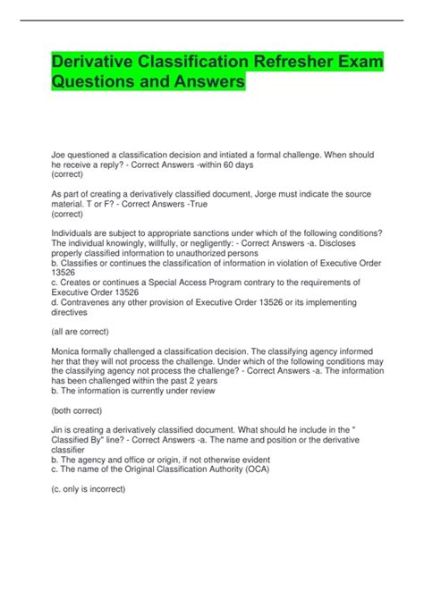 Derivative Classification Refresher Exam Questions and Answers ...