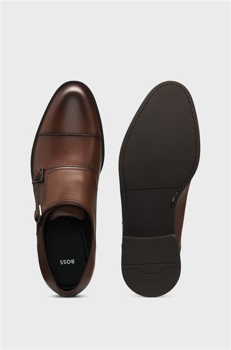 BOSS - Leather monk shoes with double strap - Brown