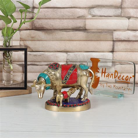 Gemstone Work 5.5 Inches Kamdhenu Cow Brass Showpiece – Two Moustaches ...