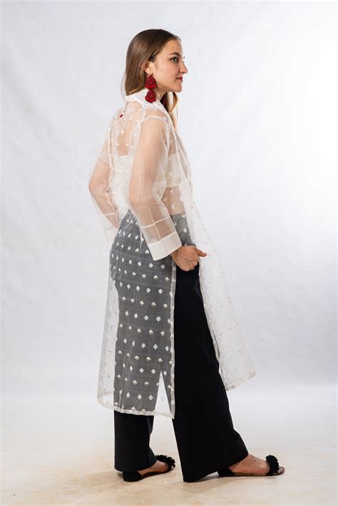 White Cutwork Silk Bengal Jamdani Long Jacket – Upasana Design Studio