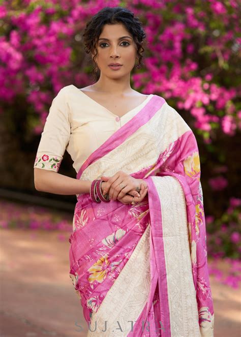 Elegant Pink pure tussar silk printed saree with lucknowi work on bord ...
