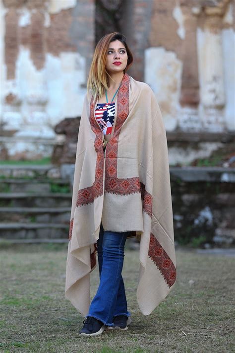 Graceful beige colour kashmiri sozni shawl emblished with designer