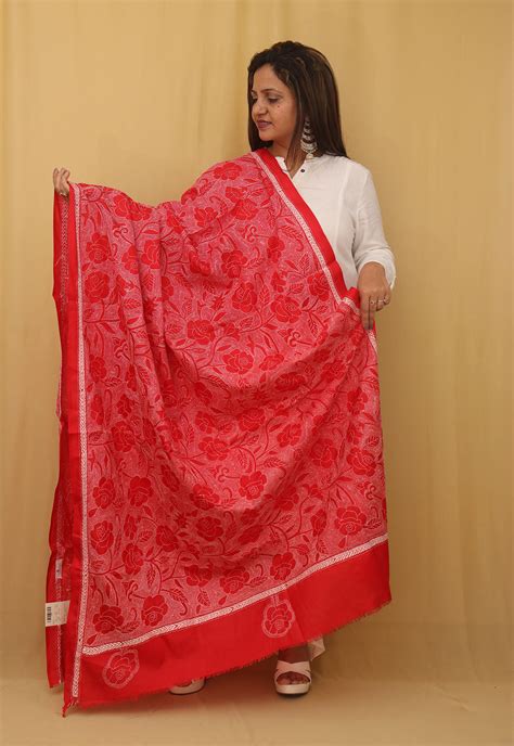 Stunning Red Hand Embroidered Kantha Silk Dupatta