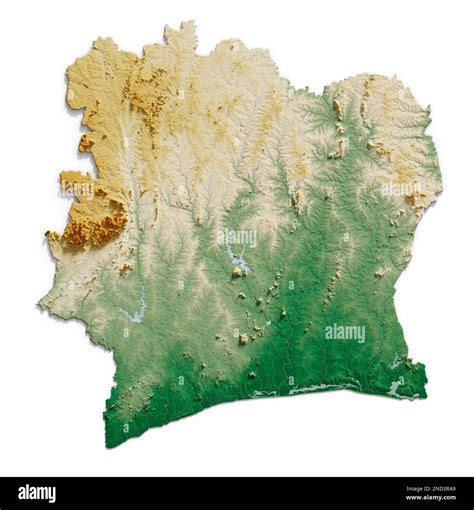 Ivory Coast. Highly detailed 3D rendering of shaded relief map with ...