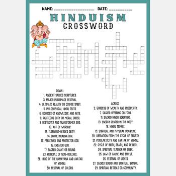 HINDUISM RELIGION crossword puzzle worksheet activity by Mind Games Studio