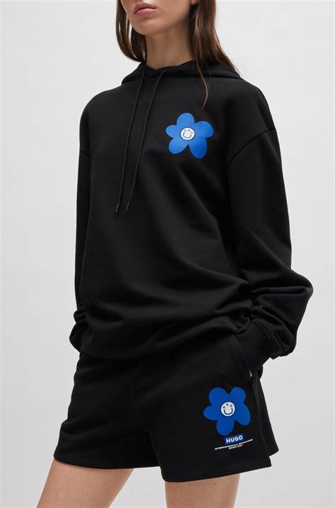 HUGO - Cotton-terry shorts with new-season logo story - Black