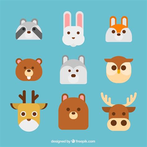 Fun animals faces with flat design | Free Vector