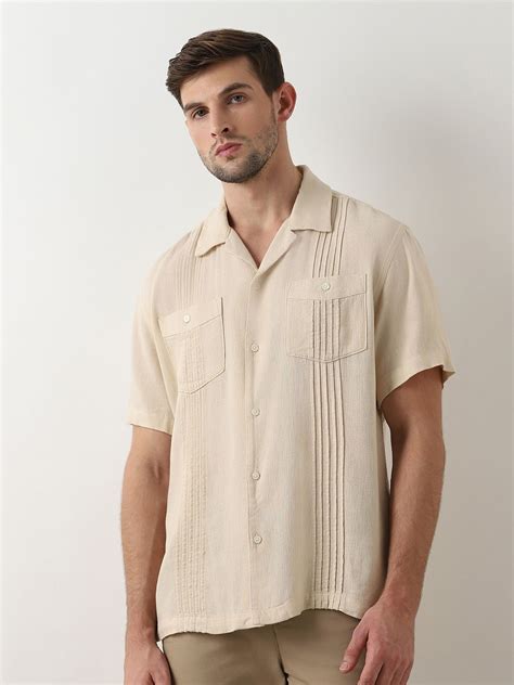 Buy Beige Cuban Collar Short Sleeves Shirt for Men Online